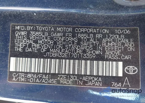 2007 Toyota Corolla Ce from USA, damaged, VIN JTDBR32E170113359